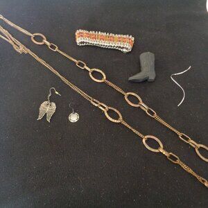 VINTAGE NATIVE SAFETY PINS BEADS BRACELET DARK BRASSY LOOPS NECK PLUS PARTS LOT